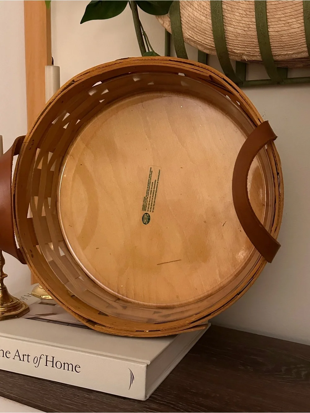 Vintage Peterboro Basket Co Round Woven Wood Basket Leather Handles USA